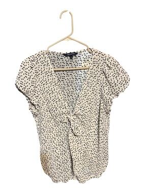 Max Edition Top Womens Large Cream Heart Polka Dot Sheer Tie Front Bow